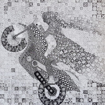 "Morrocan Woman on motorcycle", Acrylics on Canvas, 100 x 100 cm, Ewa Potocka, 2019